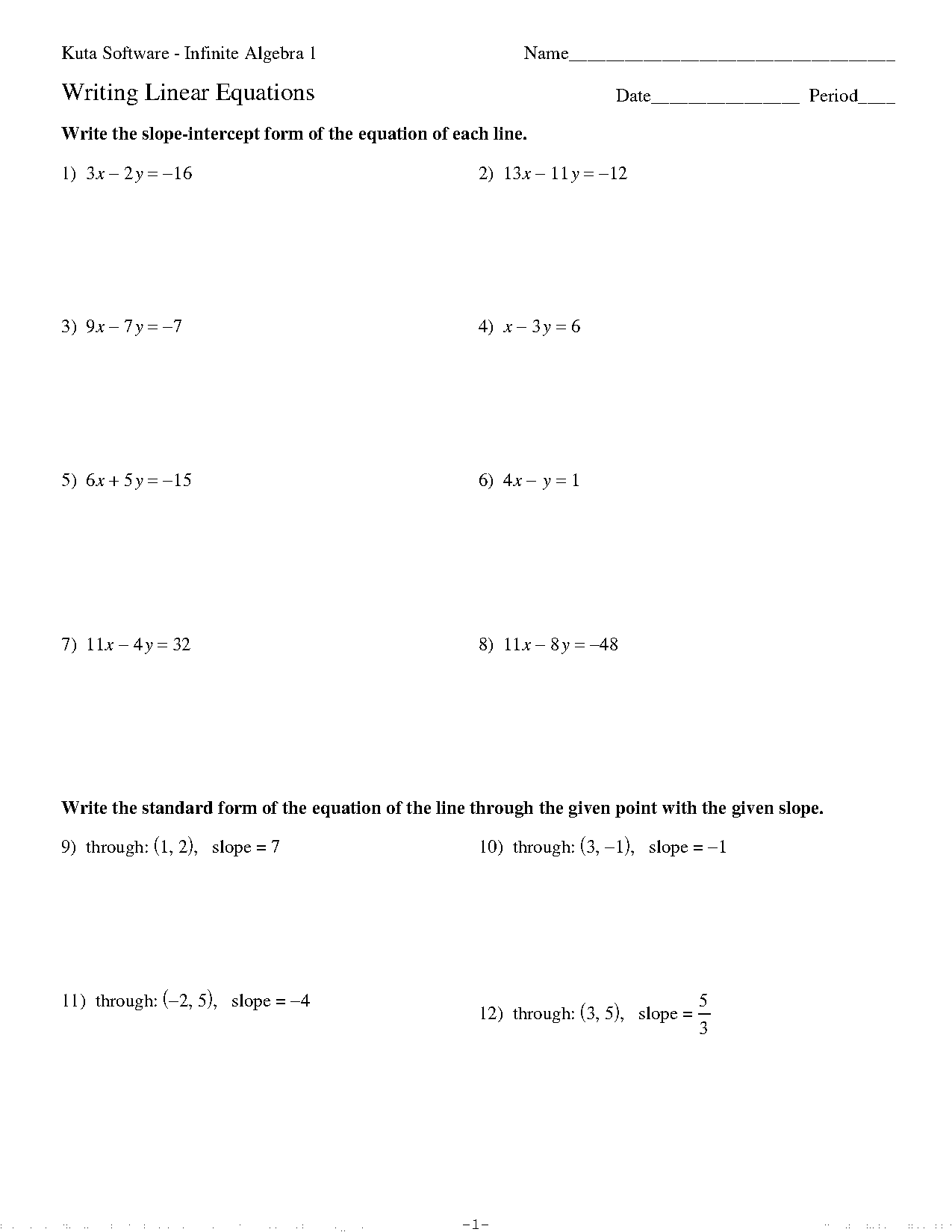 how to write standard form from slope intercept